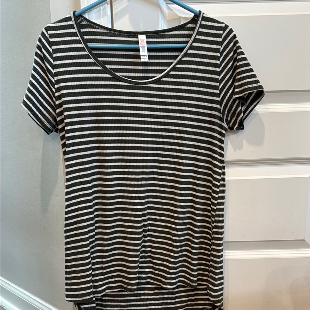 LuLaRoe Green and White Striped Short Sleeve Tee